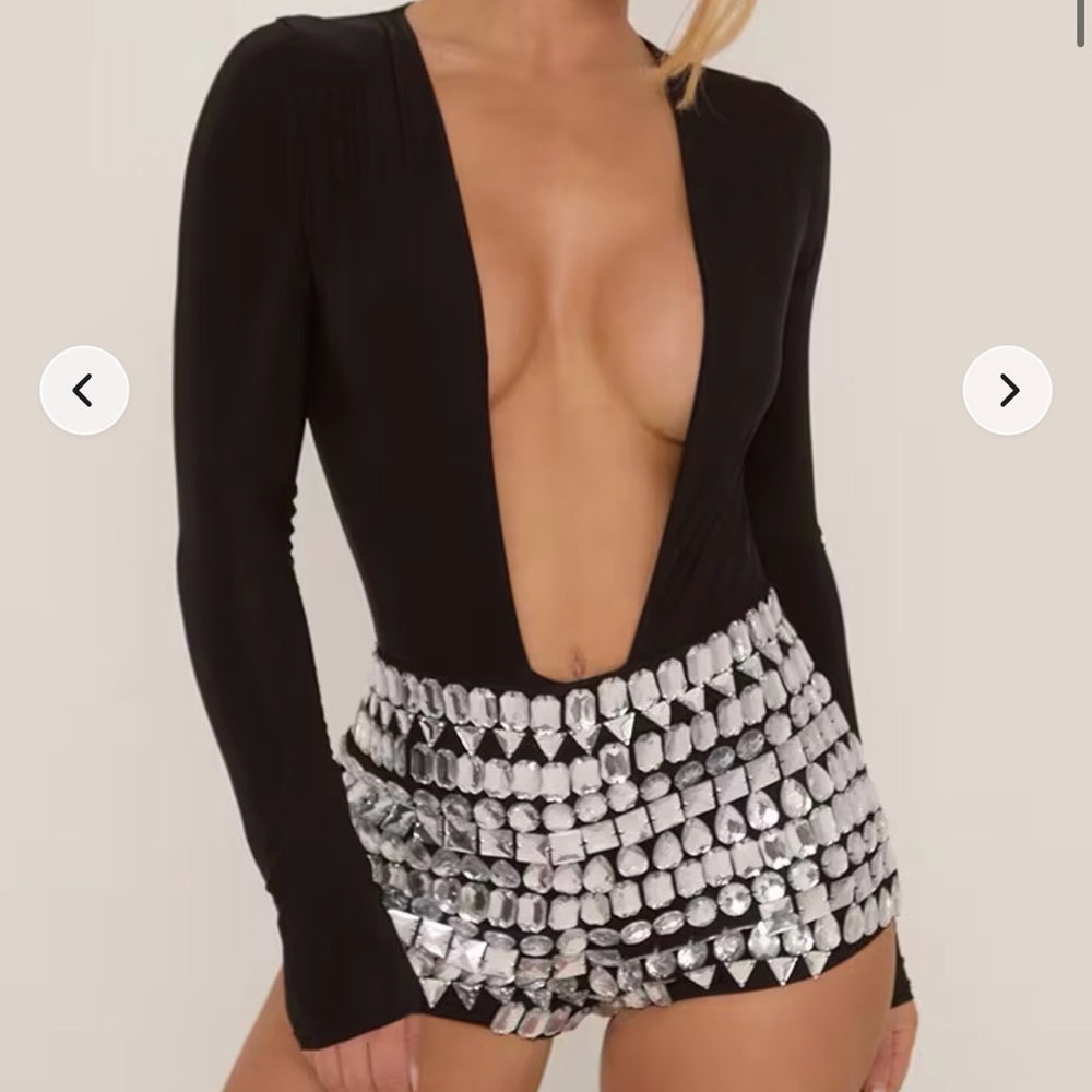 Ego Official long sleeve plunge neck bodysuit in black - Womens 2